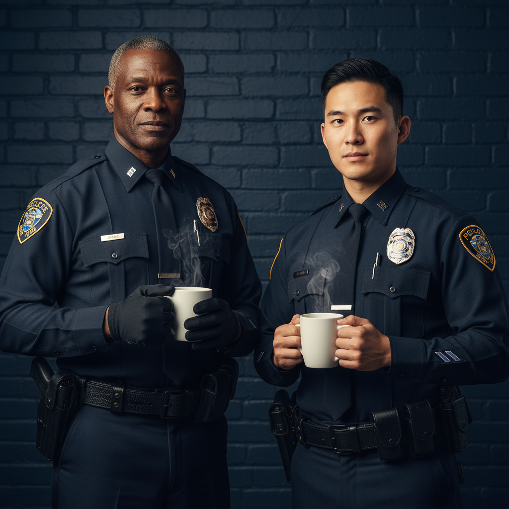 Two police officers holding steaming cups with mushroom COFFEE against a dark brick wall.