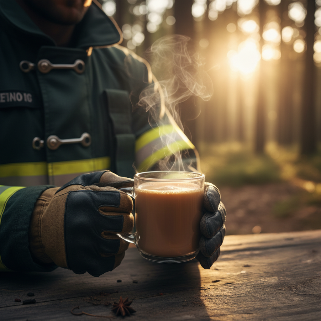 firefighter holding a clear mug with heroes mushroom coffee in it